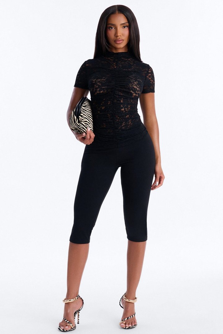 Miranda Lace Mock Neck Short Sleeve Top - Black