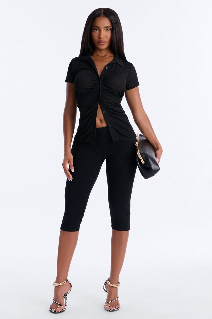 Jenn Textured Button Up Ruched Short Sleeve Shirt - Black