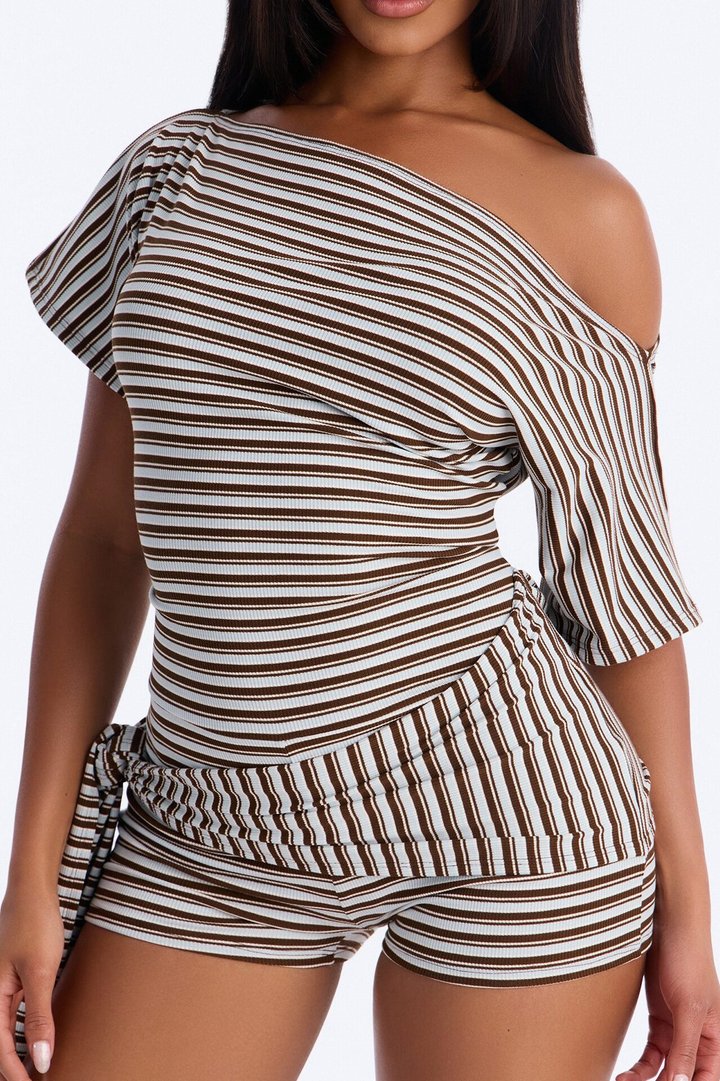 Bre Striped Off Shoulder Tie Romper - Brown