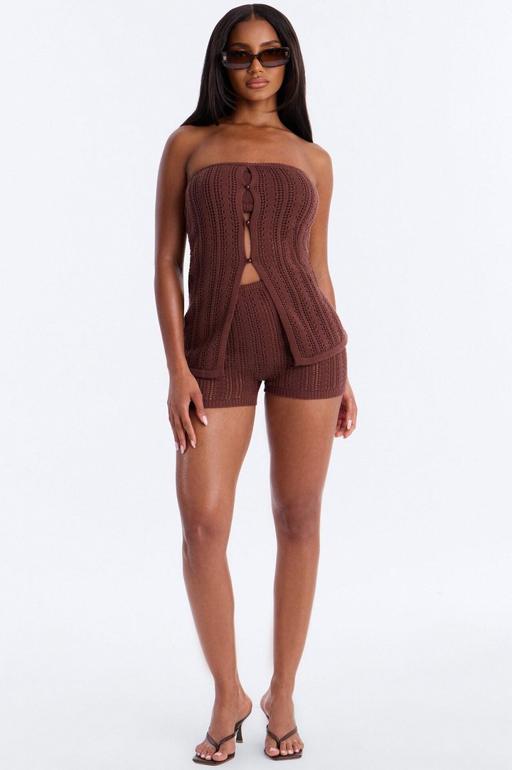 Let's Take A Trip Crochet Strapless Romper - Chocolate