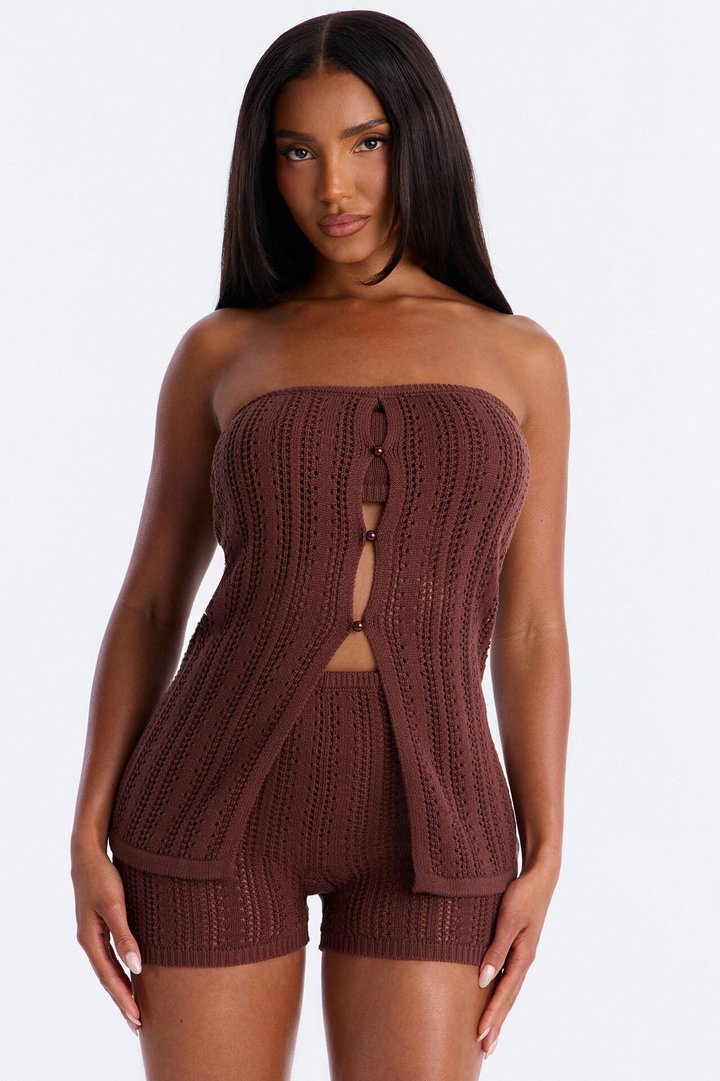 Let's Take A Trip Crochet Strapless Romper - Chocolate