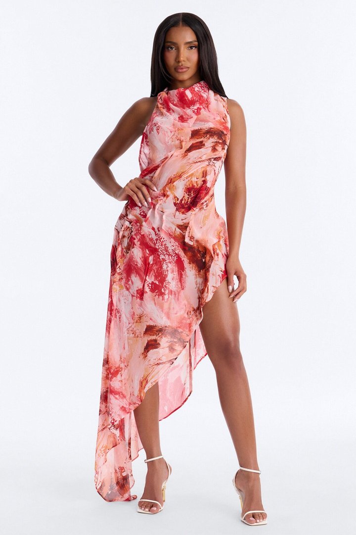 Bad Decisions Ruched Chiffon Maxi Dress - Coral/combo