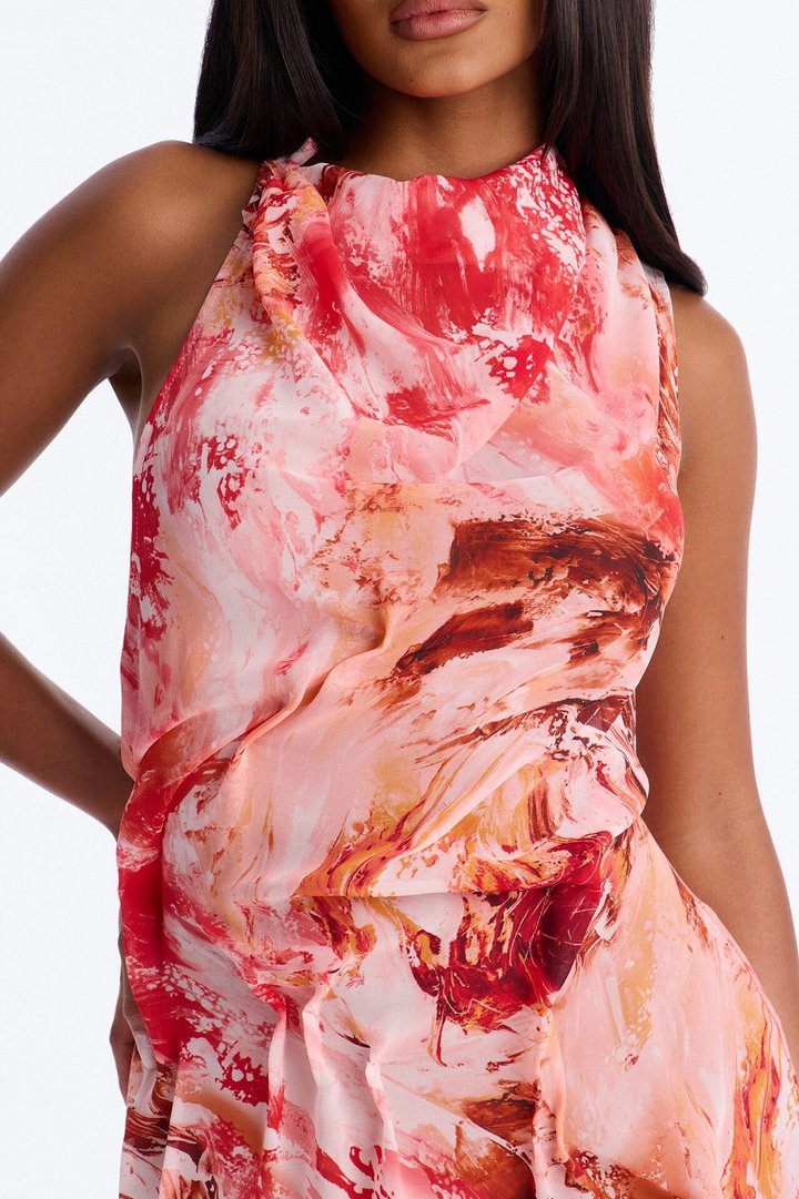 Bad Decisions Ruched Chiffon Maxi Dress - Coral/combo