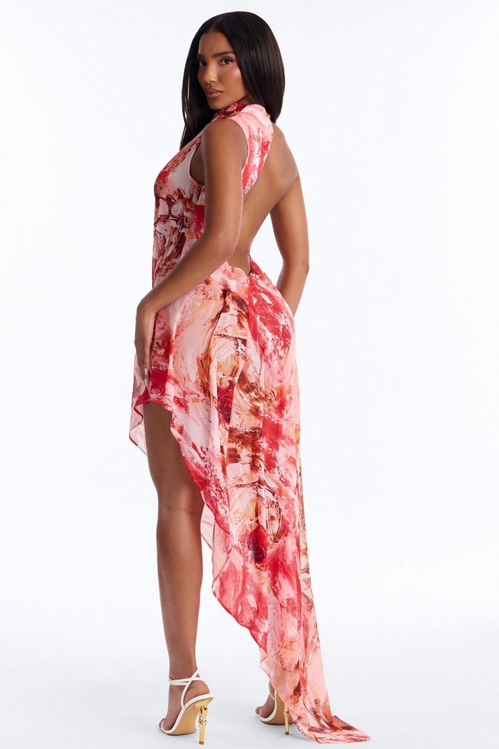 Bad Decisions Ruched Chiffon Maxi Dress - Coral/combo