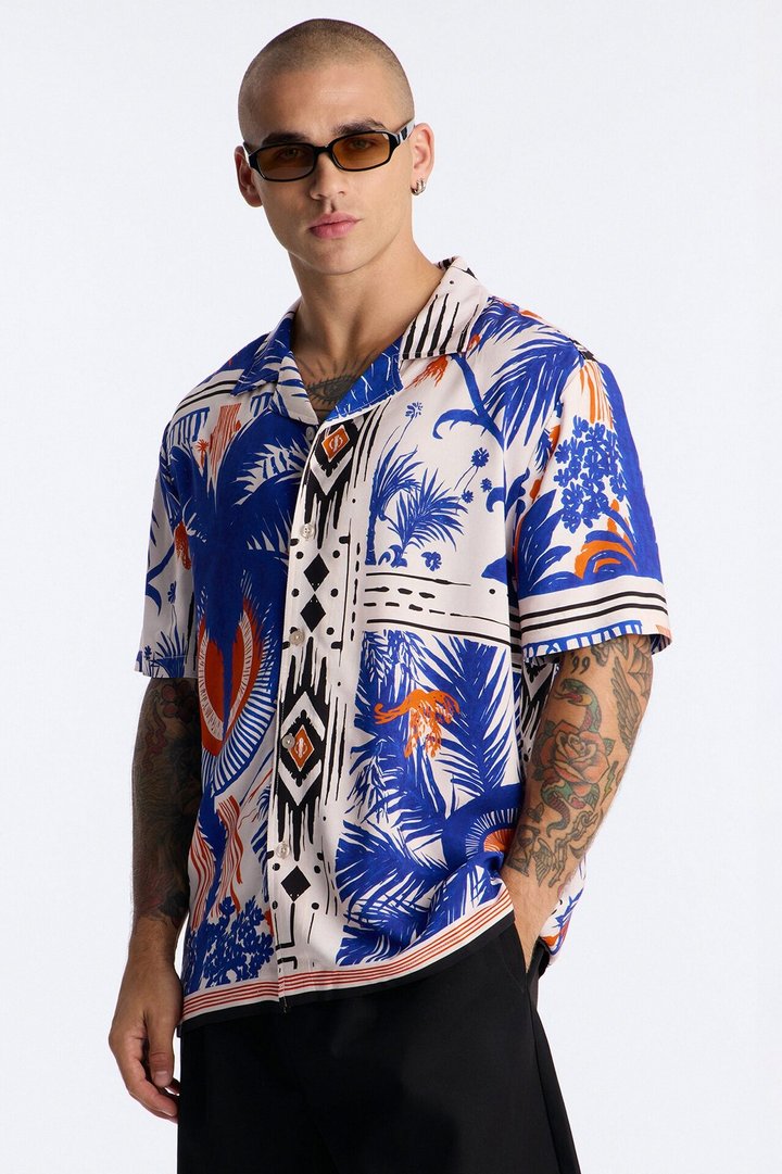 Monaco Palms Button Up Shirt - Navy