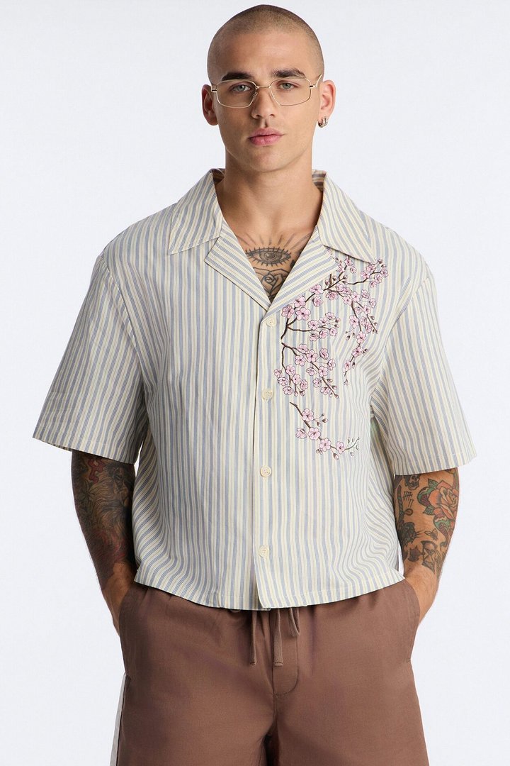 Haru Fade Stripe Cuban Collar Button Up Shirt - White/combo
