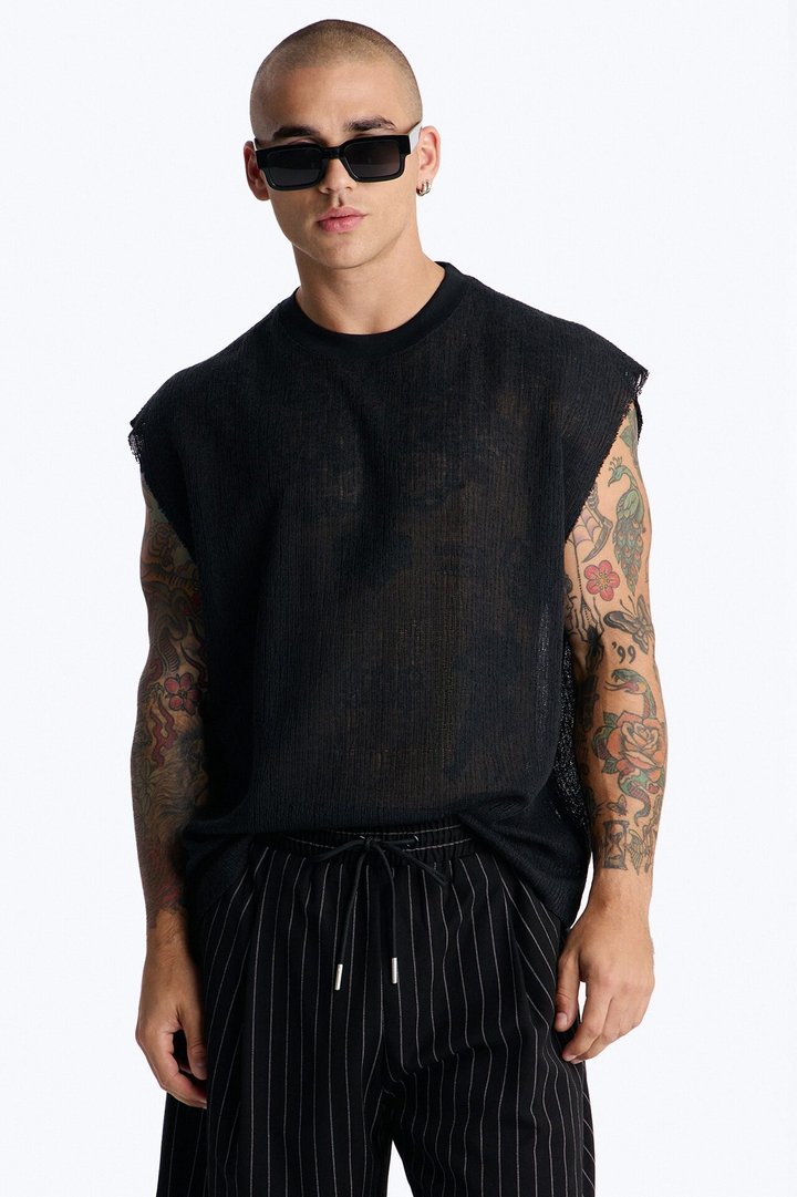 Oversized Sand Shell Sleeveless Tee - Black