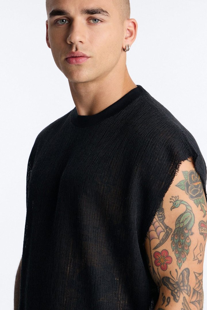 Oversized Sand Shell Sleeveless Tee - Black