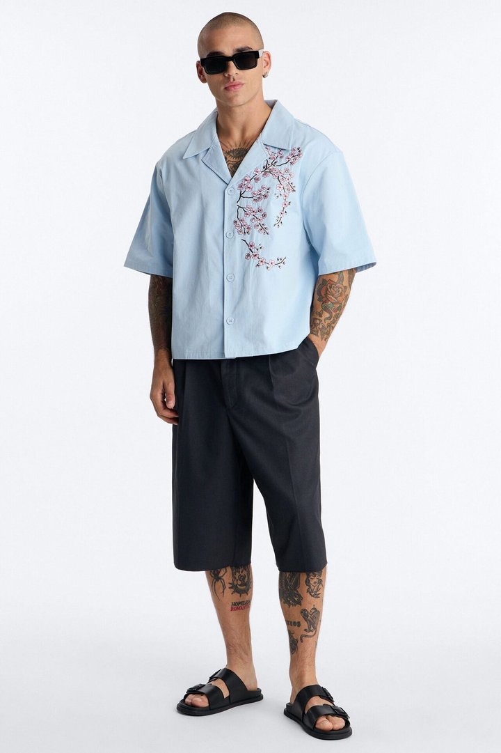 Haru Fade Stripe Cuban Collar Button Up Shirt - Light Blue