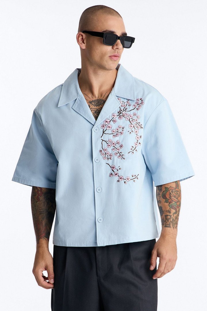 Haru Fade Stripe Cuban Collar Button Up Shirt - Light Blue