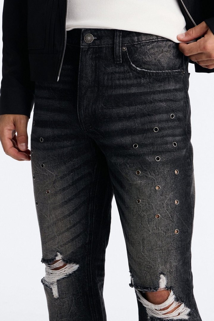 Stacked Slim Flare Looking Out Distressed Grommet Jean - Black Wash