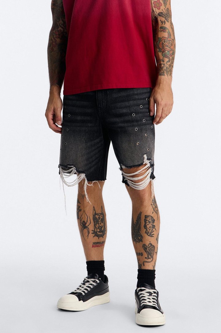 Relaxed Looking Out Distressed Grommet Denim Short - Black Wash