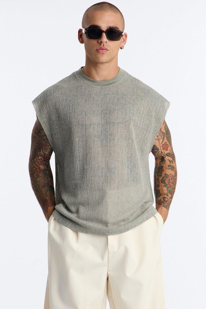 Oversized Sand Shell Sleeveless Tee - Sage