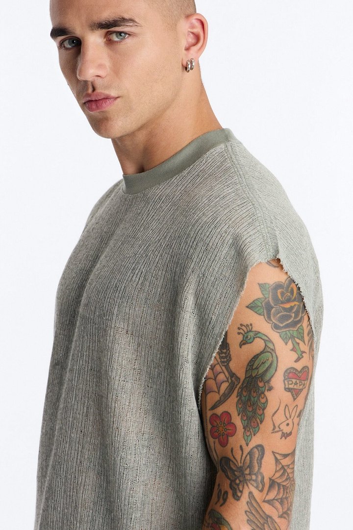 Oversized Sand Shell Sleeveless Tee - Sage