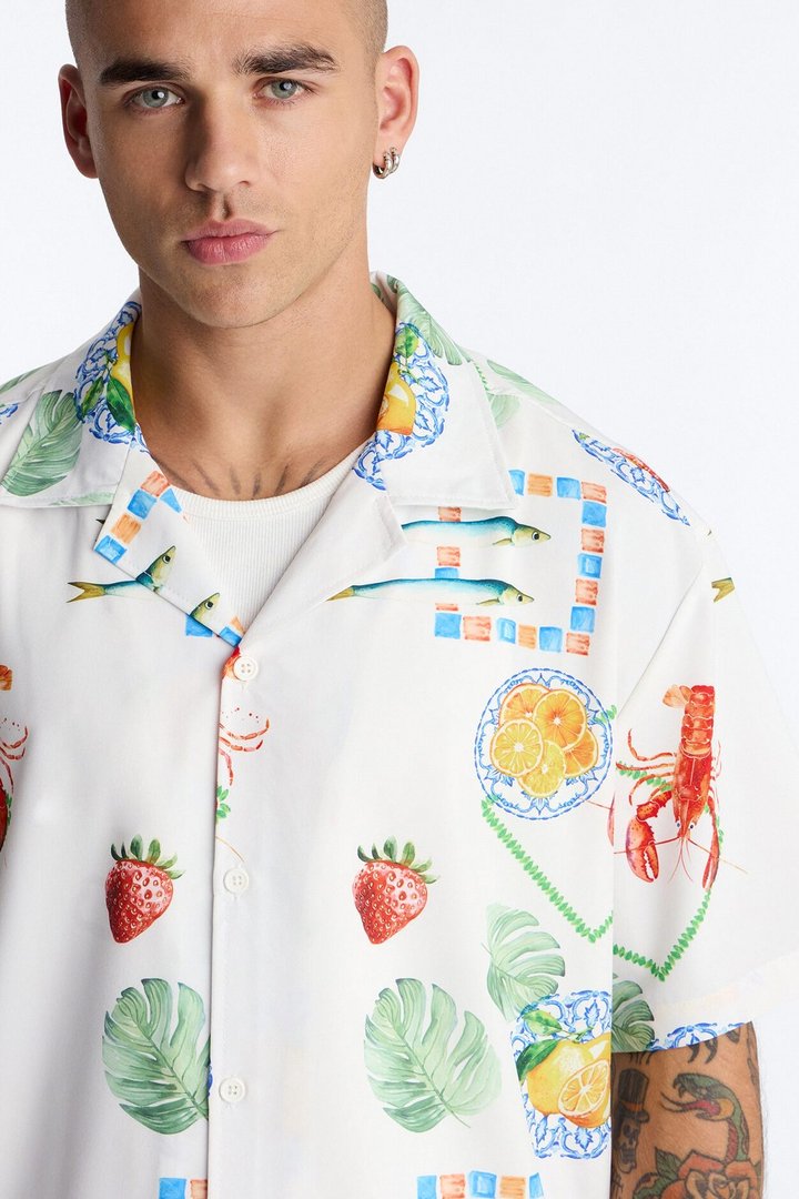 Relaxed Solaire Peel Cuban Collar Button Up Shirt - White/combo