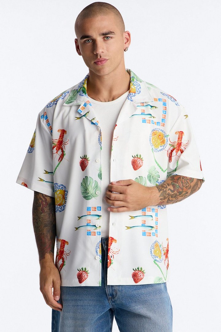 Relaxed Solaire Peel Cuban Collar Button Up Shirt - White/combo