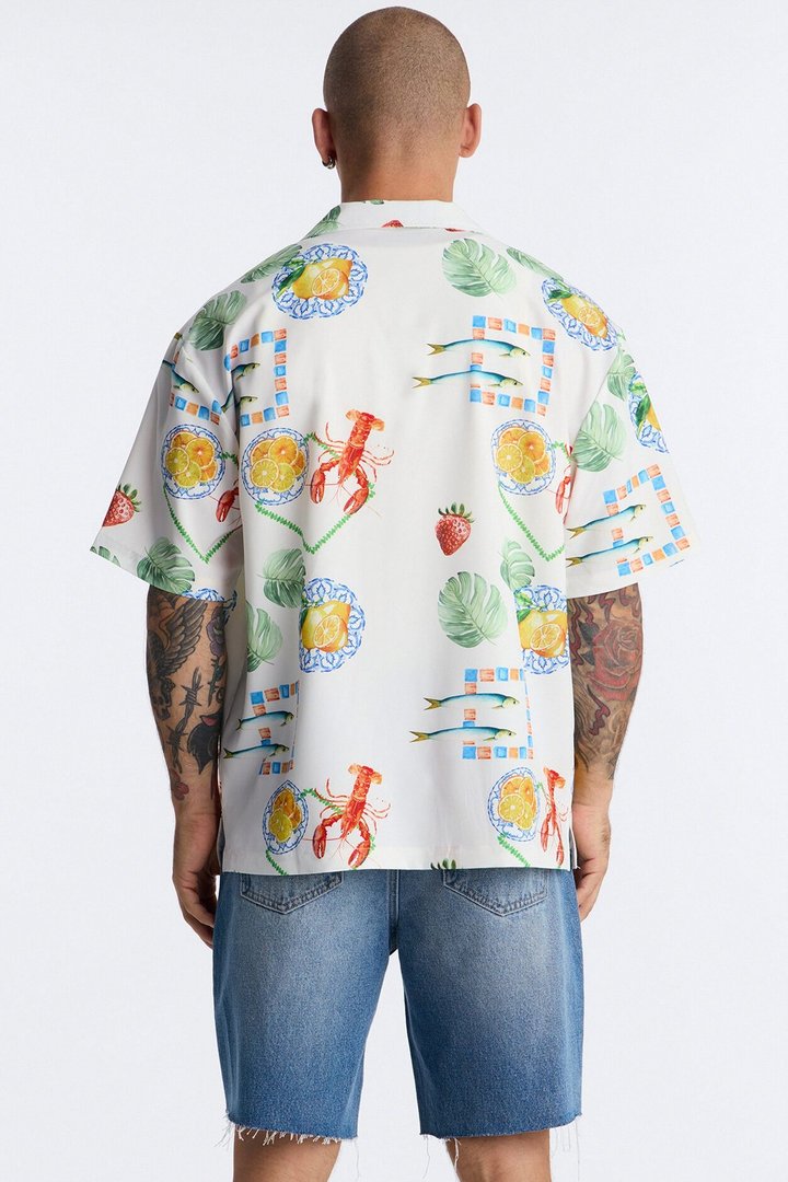 Relaxed Solaire Peel Cuban Collar Button Up Shirt - White/combo
