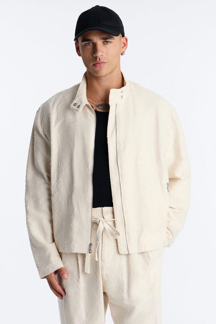 Relaxed Cropped Textured Distressed Linen Bomber Jacket - Oatmeal