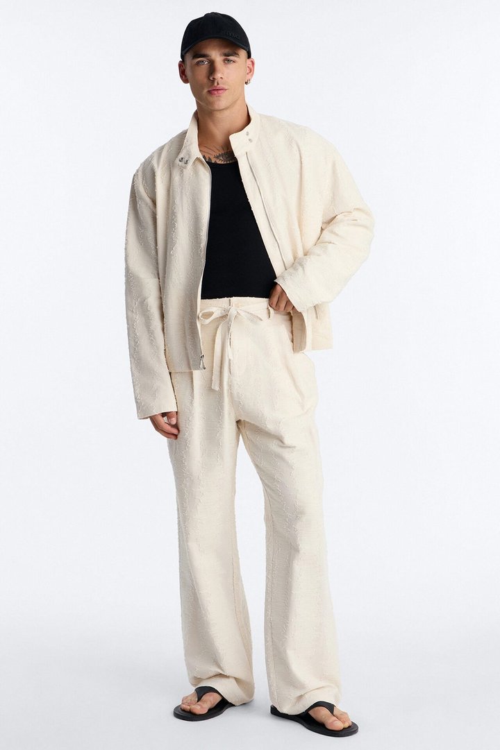 Relaxed Cropped Textured Distressed Linen Bomber Jacket - Oatmeal
