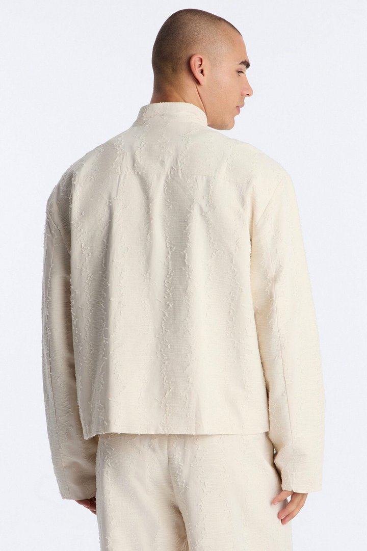 Relaxed Cropped Textured Distressed Linen Bomber Jacket - Oatmeal