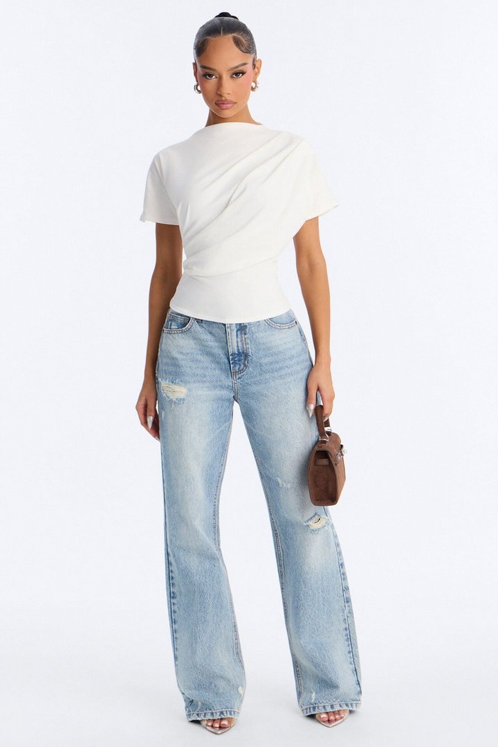 Janice Ruched Mock Neck Short Sleeve Tee - White
