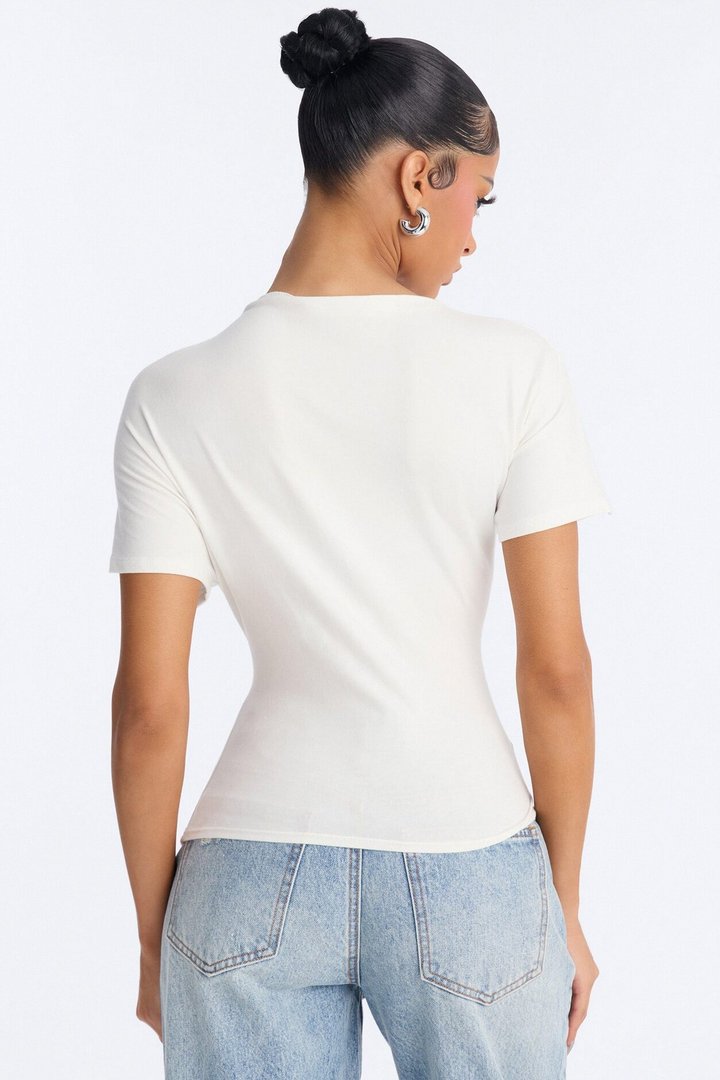 Janice Ruched Mock Neck Short Sleeve Tee - White