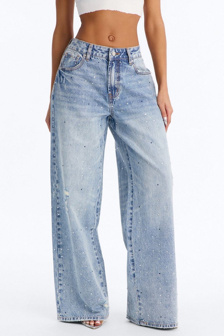 Five Star Favorite Embellished Wide Leg Jeans - Light Wash