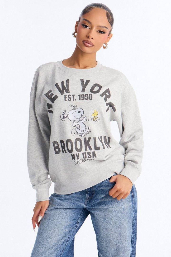 New York Snoopy Crew Sweatshirt - Heather Grey