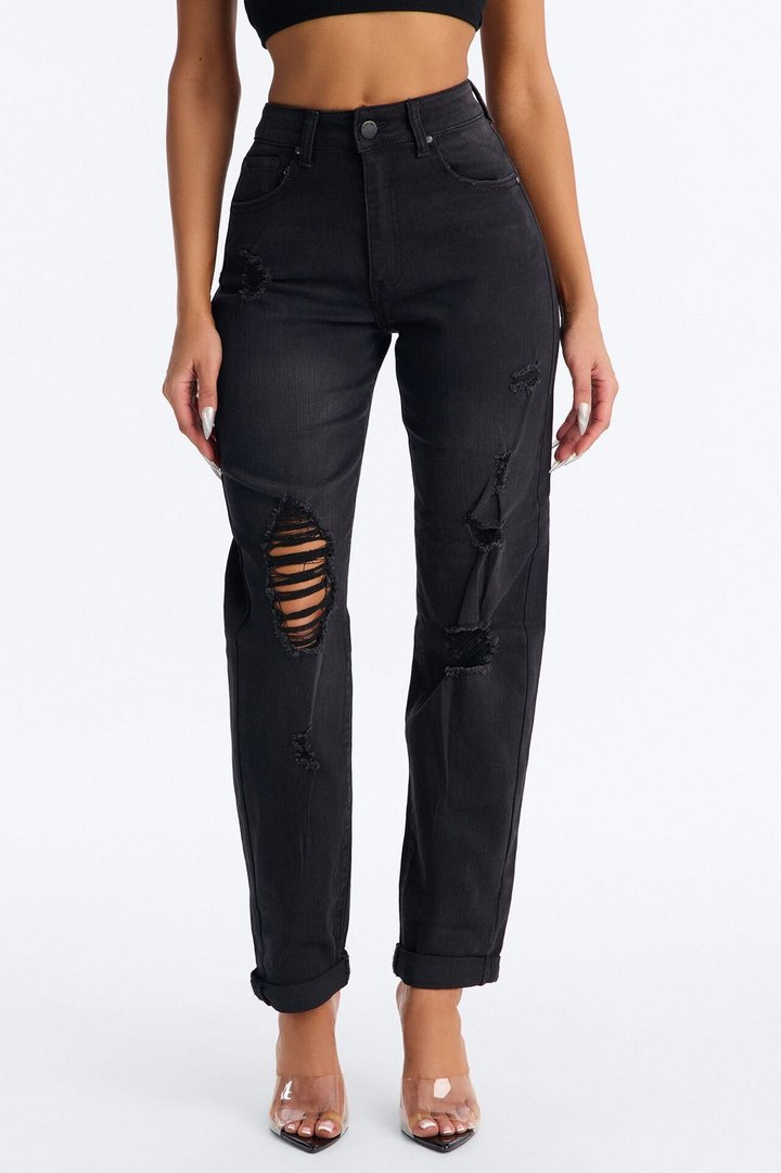 Get To It Ripped Slim Straight Leg Jeans - Black