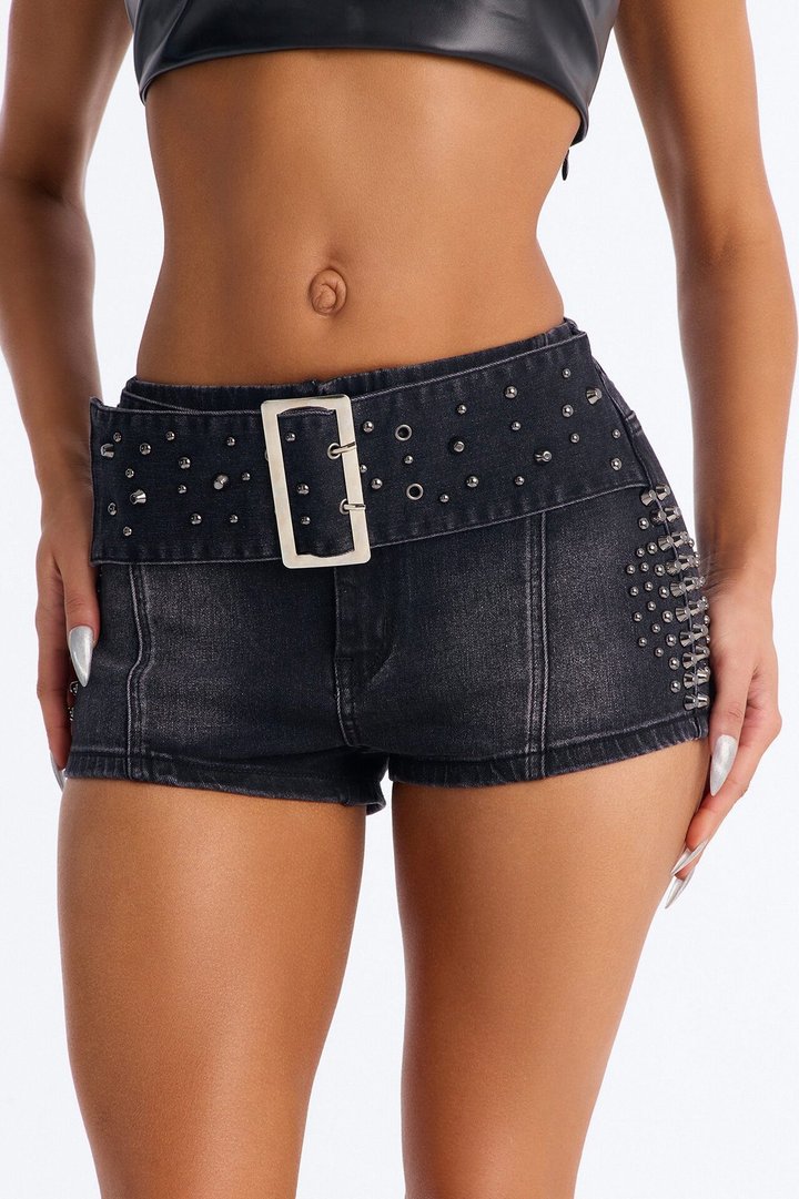 Center Of Attention Stud Embellished Denim Shorts - Black Wash