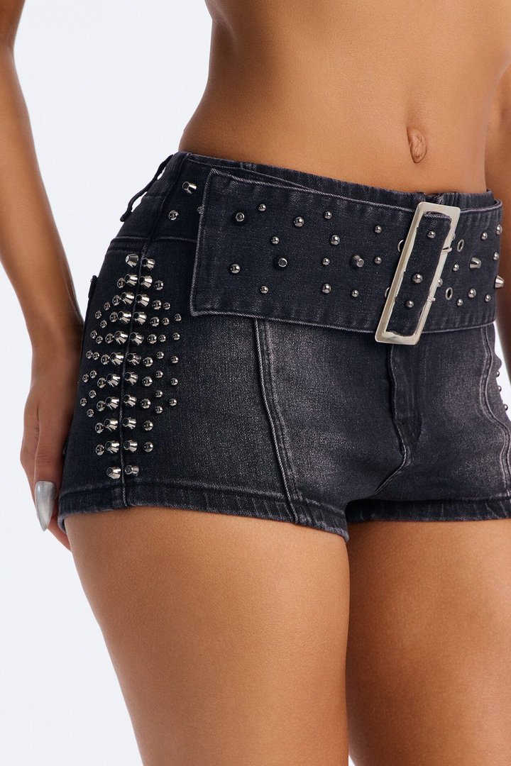 Center Of Attention Stud Embellished Denim Shorts - Black Wash