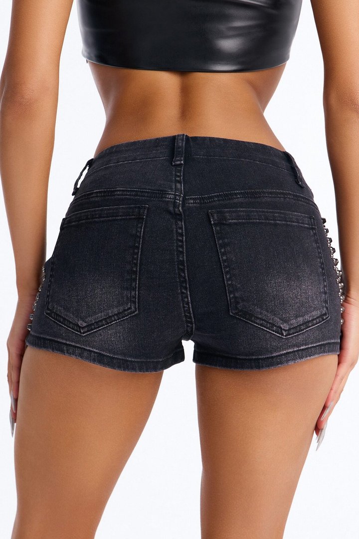 Center Of Attention Stud Embellished Denim Shorts - Black Wash