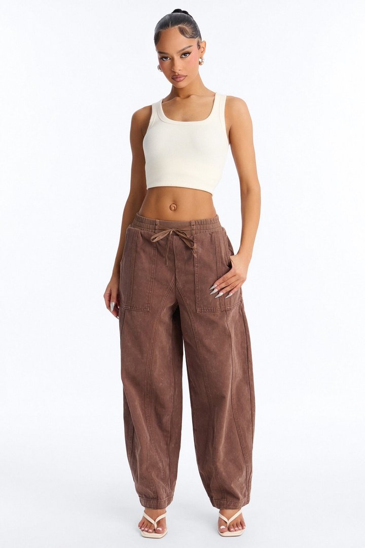 Hit The Road Baggy Pull On Tie Waist Jeans - Brown