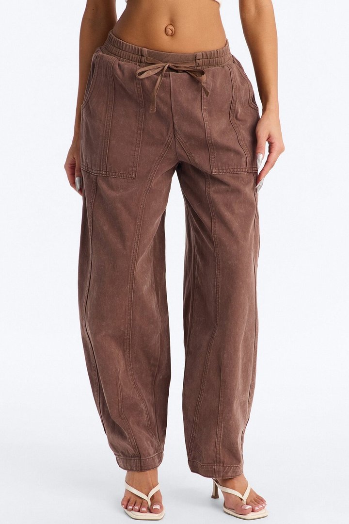 Hit The Road Baggy Pull On Tie Waist Jeans - Brown