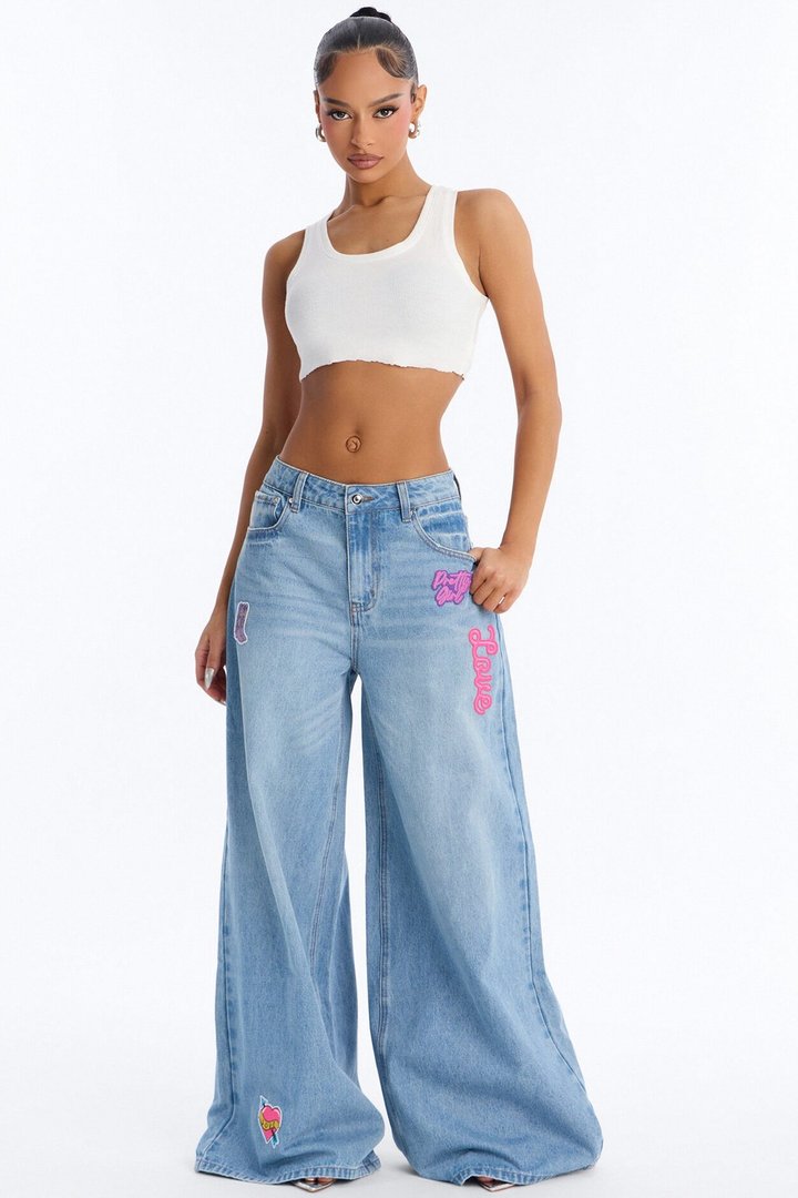 Pretty Girl Privilege Baggy Graphic Jeans - Light Wash