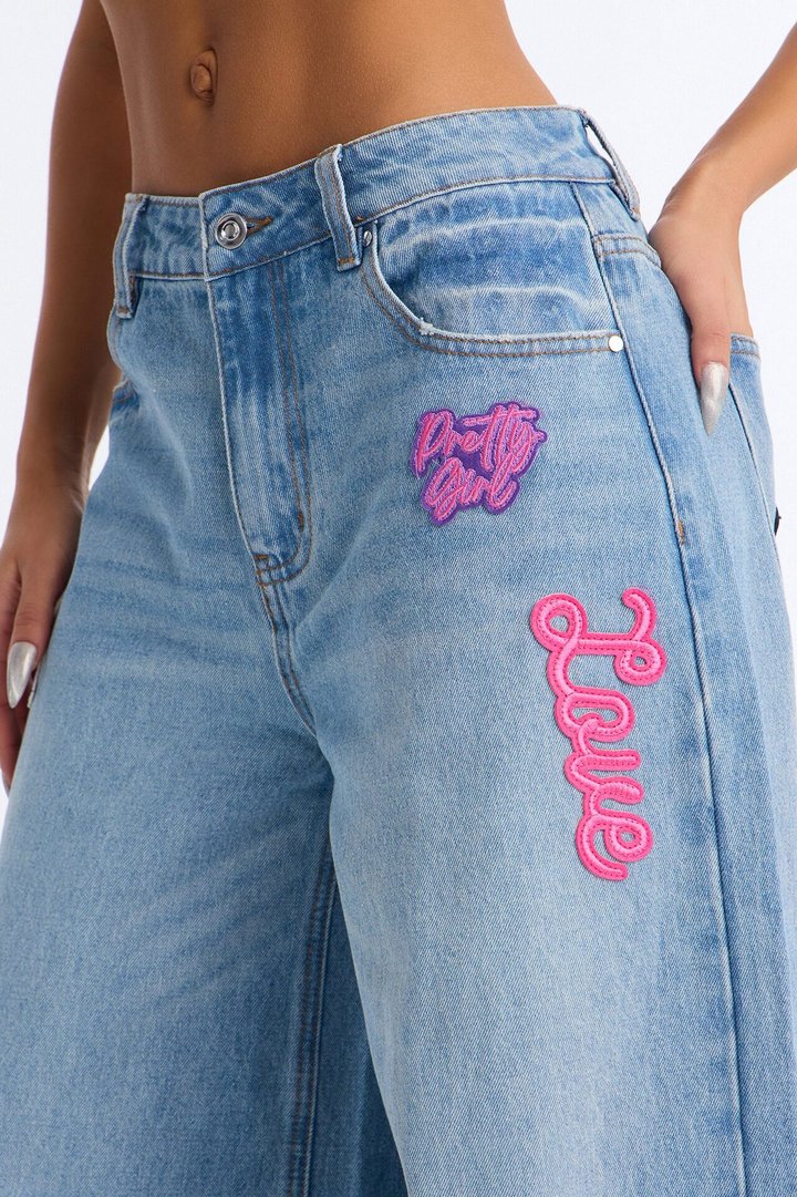 Pretty Girl Privilege Baggy Graphic Jeans - Light Wash