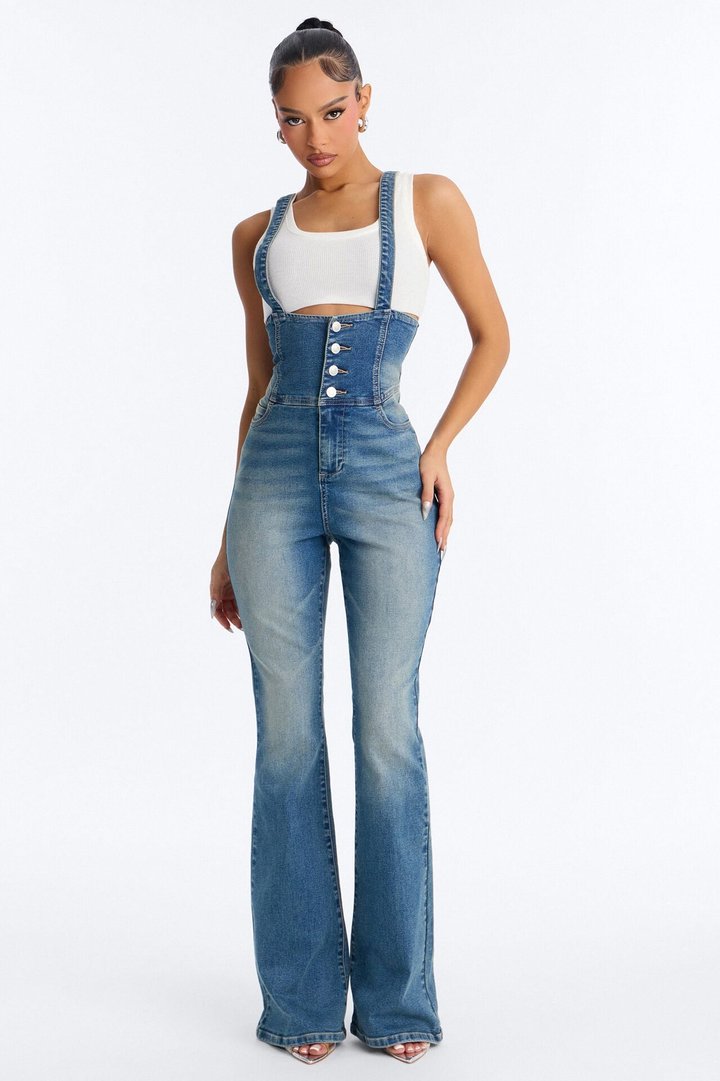 Savannah Stretch Corset Denim Flare Overalls - Vintage Wash