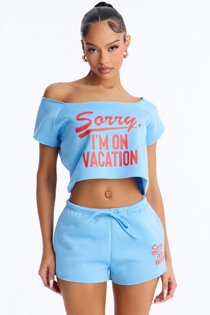 Sorry Vacation Off Shoulder Washed Cropped Tee - Blue
