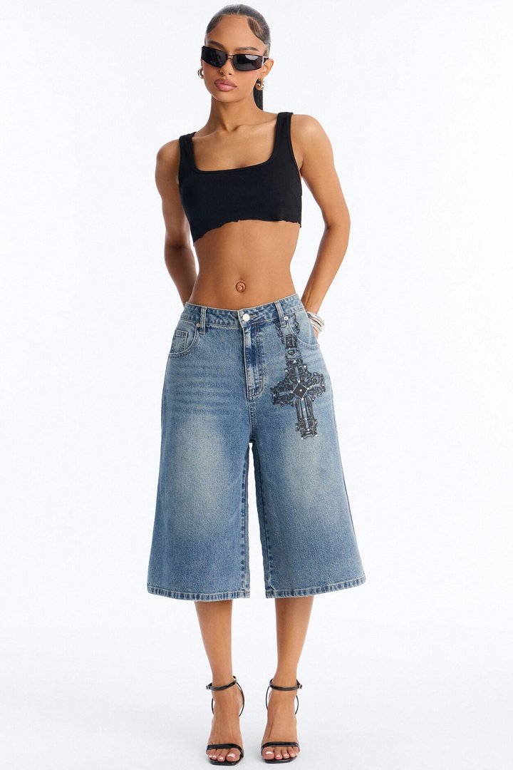 Pray Tell Printed Embellished Denim Jorts - Medium Wash