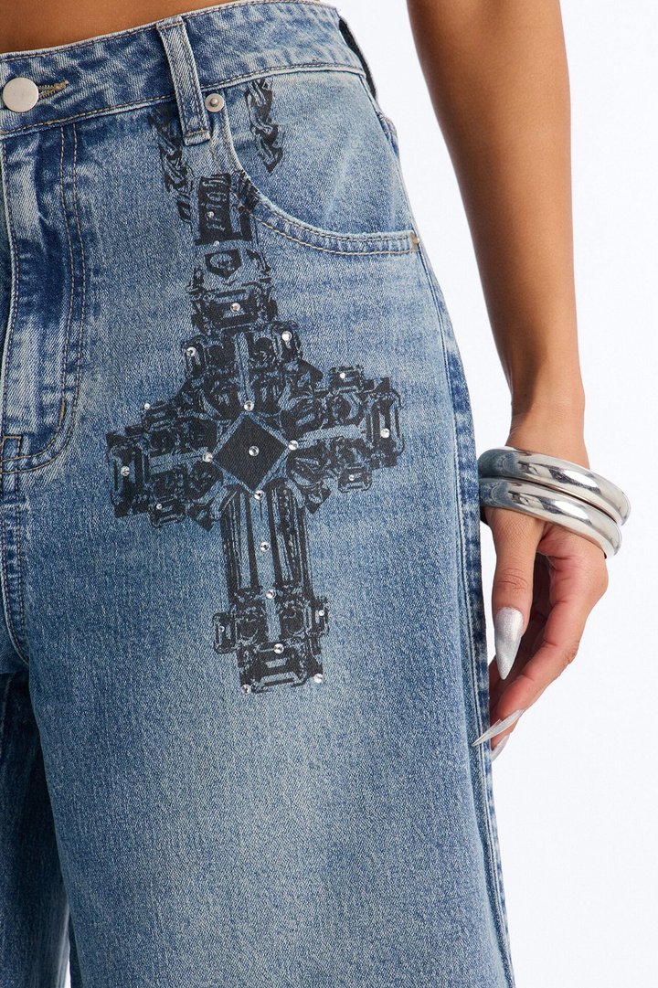 Pray Tell Printed Embellished Denim Jorts - Medium Wash