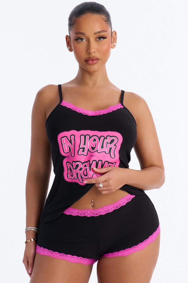 In Your Dreams Contrast Lace PJ Short Set - Black/Pink