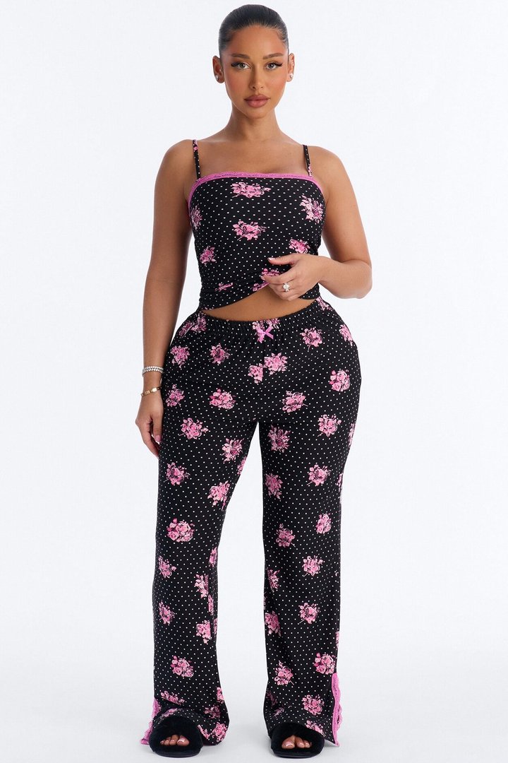 Dreamy And Chic Floral Cami PJ Pant Set - Black/Pink