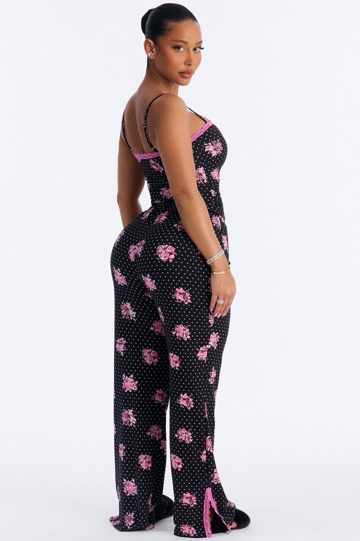 Dreamy And Chic Floral Cami PJ Pant Set - Black/Pink