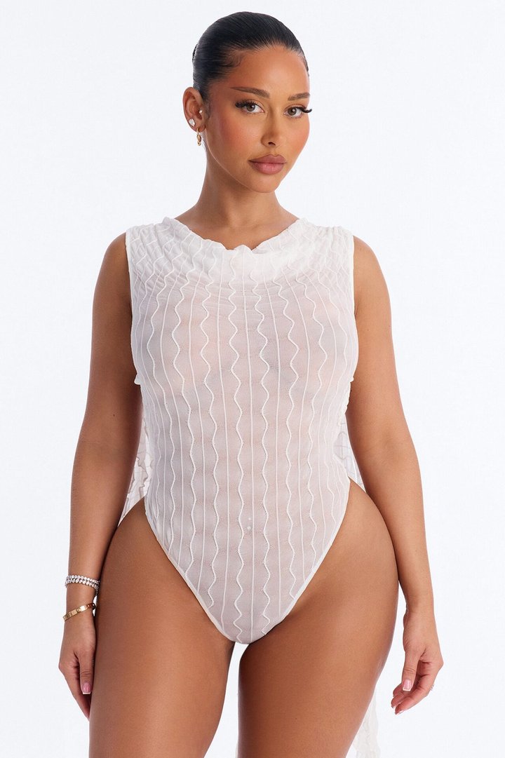 Kallie Ruffle Backless Mesh Bodysuit - White