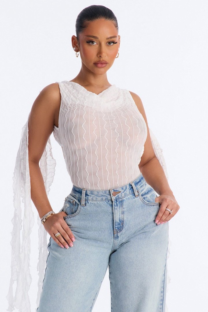 Kallie Ruffle Backless Mesh Bodysuit - White