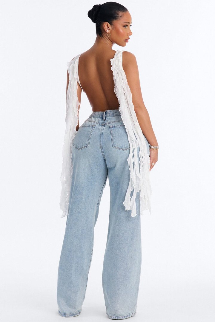 Kallie Ruffle Backless Mesh Bodysuit - White