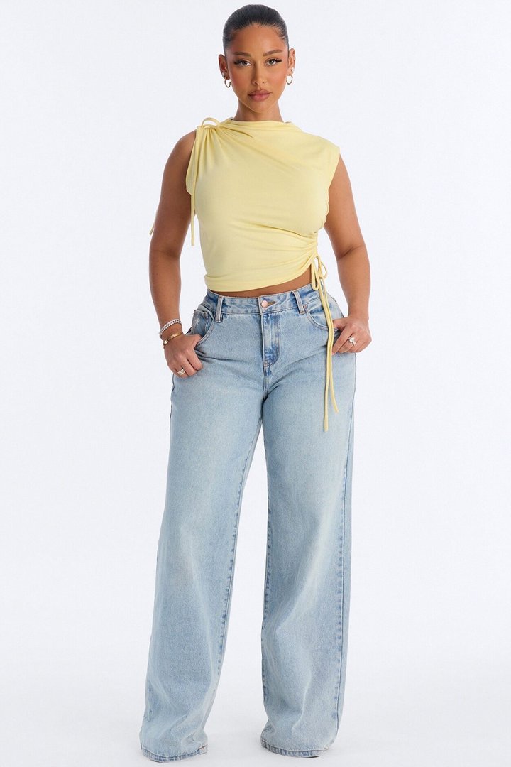 Devon Ruched Drawstring Mock Neck Top - ButterYellow