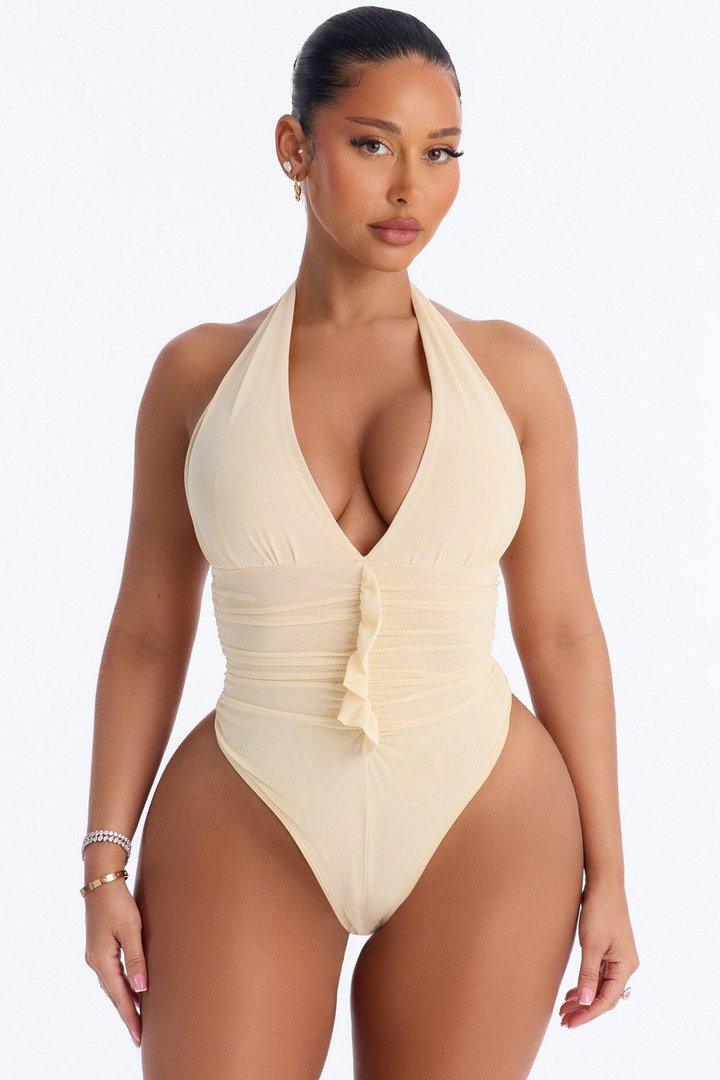 Sabrina Ruffle Mesh Halter Bodysuit - Butter Yellow