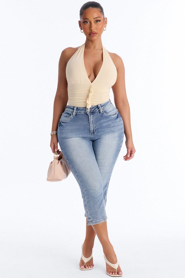 Sabrina Ruffle Mesh Halter Bodysuit - Butter Yellow