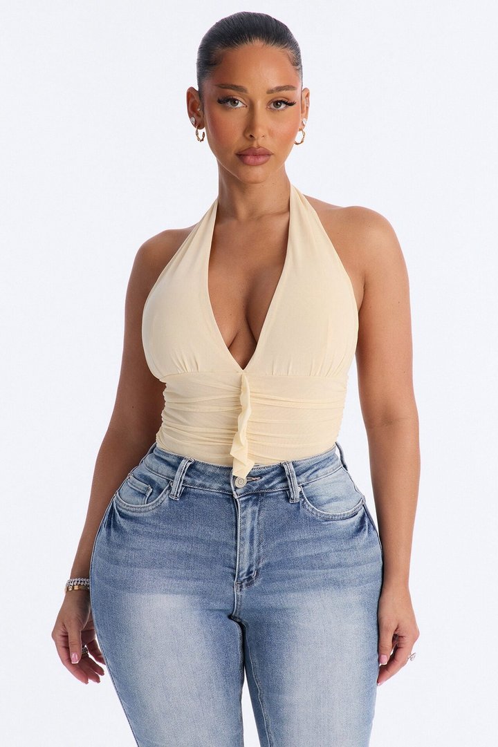 Sabrina Ruffle Mesh Halter Bodysuit - Butter Yellow
